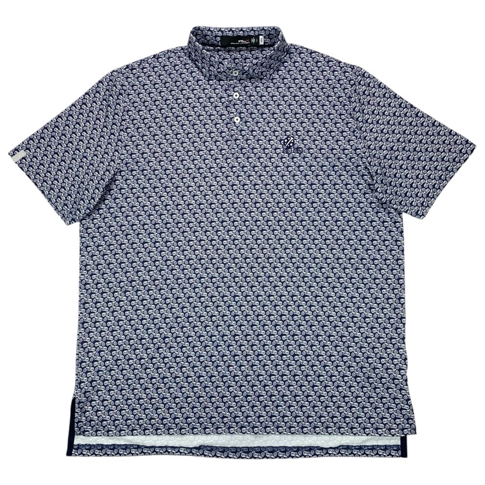 RLX Ralph Lauren Men’s Golf‎ Polo Shirt L Blue Motorcycle Print Ko Olina
